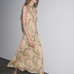 Zara Yellow Floral Halter Maxi Dress NWOT